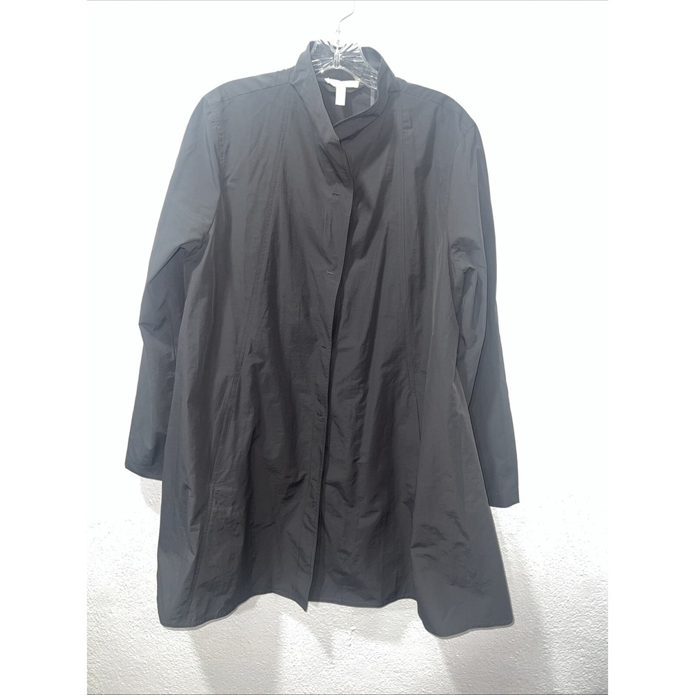 Eileen Fisher Overcoat Womens S Gray Organic Cotton Snap In Front Pockets A Line